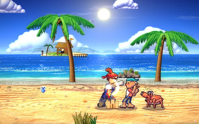 The hero, in a red headband, punches a beach-goer on a sunny beach while a crab waits its turn.