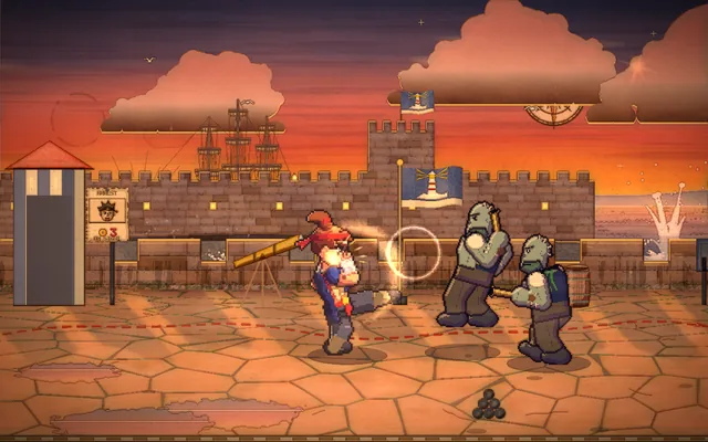 The hero kicks two hulking green pirates in front of a stone fort at sunset.