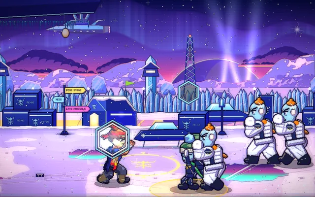 A snowy space-opera camp under the northern lights. A glowing hexagon around the hero means a thrown attack can be sent back.