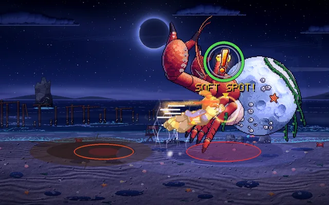 A giant hermit crab with a moon for a shell rears up on a night beach, a SOFT SPOT marker over its claw.